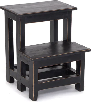 A black wooden step stool with two steps, shown against a white background.