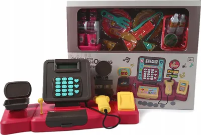 Produktbild von Kinderkasse mit Rechner - Spielkasse Supermarkt Zubehör Kaufladen Spielzeug Batterie
