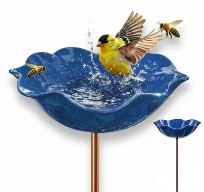 Produktbild von Vogeltränke Garten Metall, Bienen Tränke mit Erdspieß, rostfrei & frostbeständig, dekorative Gartenskulptur für Vögel, Bienen & Schmetterlinge-Blau