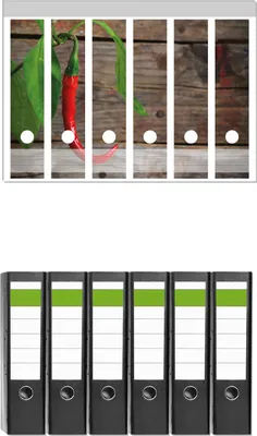 Produktbild von Wallario 6 Stück breite Ordner inkl. Klebeetiketten mit Motive Hängende Chili-Schote -  Set mit Rückenschildern / Ordnerrücken Stickern