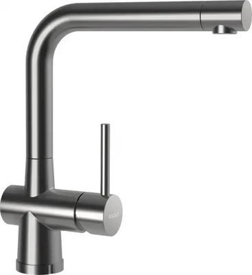 A studio shot of a kitchen faucet against a white background.