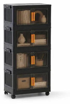 Produktbild von Aufbewahrungsbox EasyCube stapelbar mit 4 Ebenen und Rollen | HxBxT 25,5x39x26,5 | 19 L pro Ebene | Transparante und magnetische Türen | Schwarz-Transparent