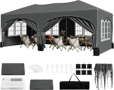 Produktbild von Pavillon mit 6 Seitenteilen 4 Sandsäcke, Faltpavillon 3x6m mit Halbmonddach Tragetasche, Gartenpavillon wasserfest stabil UV-Schutz, Partyzelt Outdoor höhenverstellbar, Grau