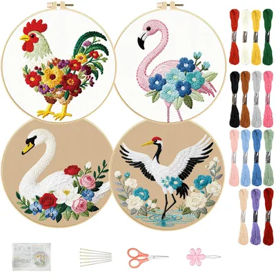 Productafbeelding van Stickset mit Tiermotiven - Vorgedrucktes Set für Anfänger mit Anleitung und 2 Reifen - 4-teilig, 30 cm