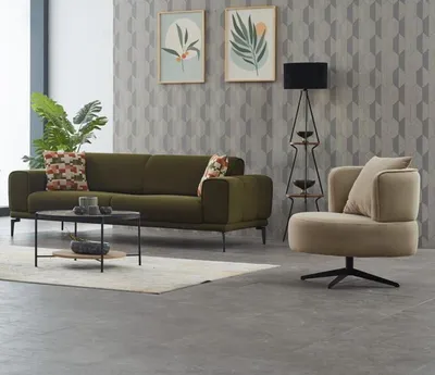Produktbild von Komplette Couchgarnitur Polstersofa Dreisitzer Sessel Grün Stoffsofa