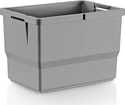 A gray plastic storage bin or waste bin is shown from a slightly elevated front-side angle against a white background.