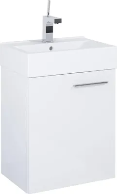 A white bathroom vanity with a sink and faucet against a white background.
