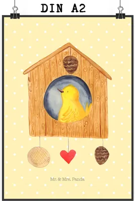 Produktbild von Mr. & Mrs. Panda Bild Vogelhaus Home DIN A2 - Gelb Pastell - Geschenk, Vogel, Lustige Sprüche, Haus, wanddeko, drucke, Wandbild, Sweet, Plakat, Einzug