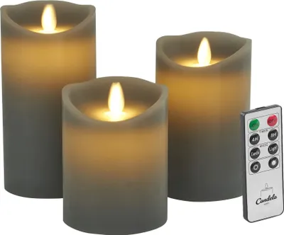 Produktbild von Candela Lights LED Kerzen 3er Set Stumpenkerze Grau Echtwachs mit Fernbedienung Timer Funktion & mehrstufig dimmbar bewegliche Flamme Echtwachskerzen