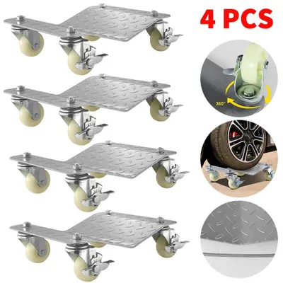 Obrázok produktu pre Radové vozíky – sada 4 kusov – vozíky na prevoz pneumatík s zdvihákmi a valčekmi – nosnosť 3 tony na pár – 37x30 cm – 4 otočné kolieska – pomocník na manévrovanie vozidiel v dielni
