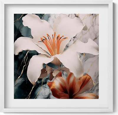 Produktbild von Marmorkomposition mit Blumen– Wandbild mit Rahmen – Gerahmtes Bild  – Wanddekoration – 50x50 cm –  Weiß Rahmen