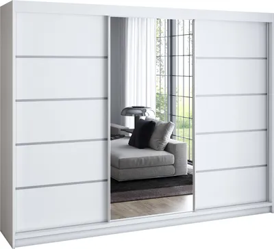 Produktbild von Schwebetürenschrank 200 cm, 3-türig, mit Spiegel & 4 Schubladen, Retro-Stil, modern, in Weiß – Kleiderschrank VILUNO 1