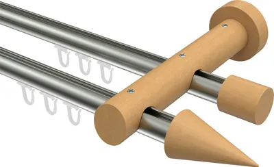 Produktbild von Interdeco Innenlaufstange / Gardinenstange mit Innenlauf Edelstahl-Optik / Buche lackiert, Typ Talent Siveo (Kegel), 20 mm Ø 2-läufig, 240 cm