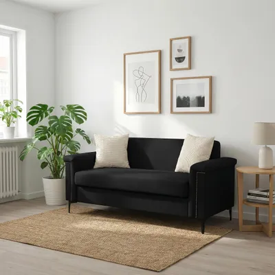Produktbild von MODFU Zweisitzer-Sofa Loungesofa mit Rückenlehne und Armlehnen Polstermöbel Wohnzimmersofa mit Metallbeinen Massivholzrahmen komfortables Design Schwarz