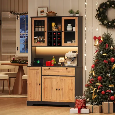 Produktbild von Küchenschrank, Hochschrank, Aufbewahrungsschrank, Vitrinenschrank mit Tür, integriertem Gewürzregal, verstellbaren Einlegeböden,mit farbwechselnder LED-Beleuchtung und Steckdose, 180 × 105 × 40 cm