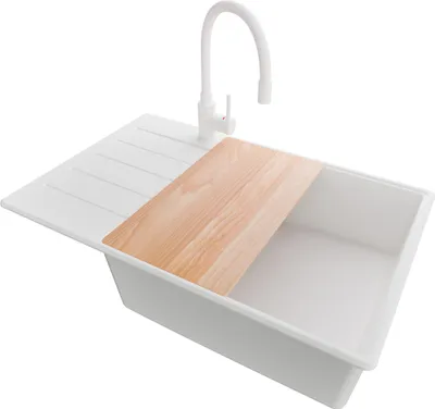 Produktbild von PRIMAGRAN Granitspüle Weiß 78x50cm, Spülbecken 1 Becken + Küchenarmatur 38x14cm + Ablauf-Set + Schneidebrett, Küchenspüle ab 60er Unterschrank - Kopenhagen