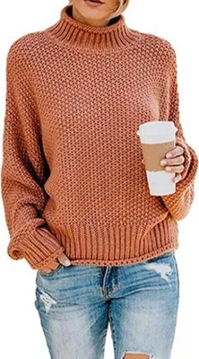 Produktbild von Pullover Damen Elegant Winter Rollkragenpullover Strickpullover Grobstrickpullover Casual Lose Pulli Langarm Oberteile-L