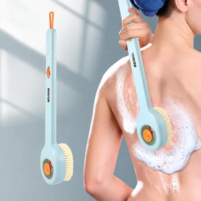 Immagine prodotto di INF Spazzola da bagno con manico lungo e dispenser sapone - Esfoliazione delicata Blu