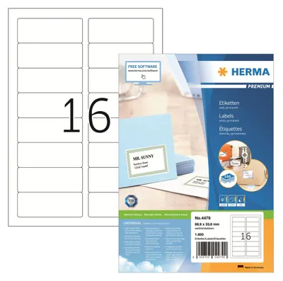 Produktbild von Adressetiketten Premium A4, weiß 88,9x33,8 mm Papier matt 1600 St.
