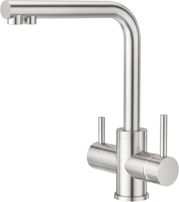Produktbild von 3 Wege Wasserhahn Küche, 360° Drehbar Küchenarmatur, 3 in 1 Mischbatterie für Wasserfilter, Trinkwasserhahn mit 2 Hebel, Drei Wege Armatur Küche aus Edelstahl,Gebürstete Oberfläche