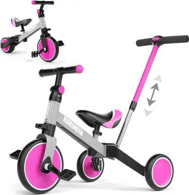 Immagine prodotto di KORIMEFA triciclo balance bike per bambini da 1 anno regolabile in altezza con maniglione di spinta sedile inPoliuretanoRosa + grigio