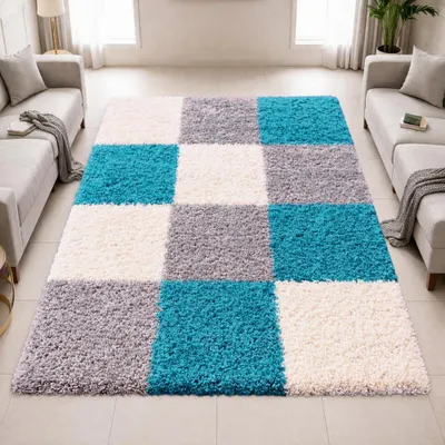 Produktbild von Shaggy Teppich Mehrfarbig Türkis Grau Creme – moderner Hochflor Teppich mit Karomuster Größe - 140 x 200 cm