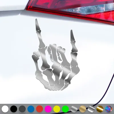 Produktbild von PantherPixel Skelett Hand Aufkleber Rock Heavy Metal Pommesgabel Sticker Auto Geschenkidee Farbe Chrom-Silber