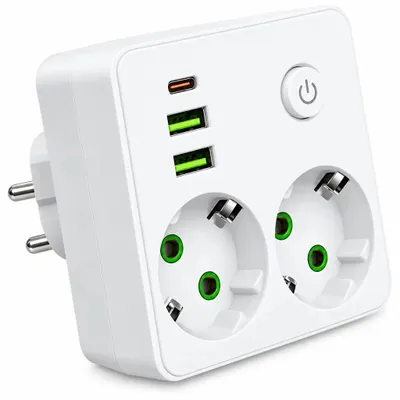 Produktbild von Steckdosenadapter Mehrfachsteckdose USB C 5 in 1 2 EU Steckdosen 3 USB Schalter 2500W