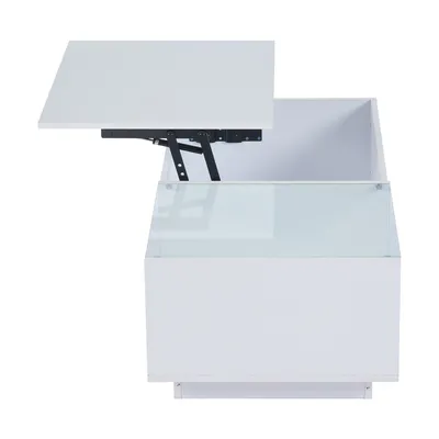 Produktbild von Merax LED-Couchtisch 100x50 cm, höhenverstellbar Sofatisch mit Hebefunktion & Stauraum, RGB-App-Steuerung, Hochglanz mit Glasplatte, Weiß