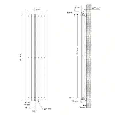 Obrázok produktu pre LuxeBath panelový radiátor, jednovrstvový, 370x1800 mm, biely, so stredovým pripojením, bez vykurovacieho telesa