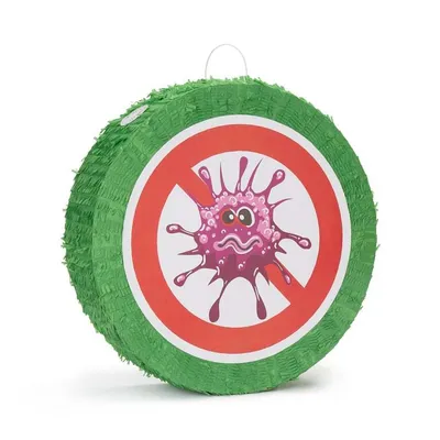 Produktbild von LUMALAND Pinata Set zum Befüllen inkl. Schläger & Augenbinde "Beat The Virus" - Individuell befüllbar - grün/rot - 50x50x15 cm