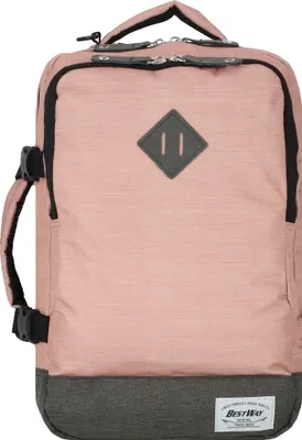 A pink backpack with a gray base and a diamond-shaped logo on the front.
