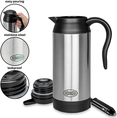 Collage of a car electric kettle with close-up views of its features.