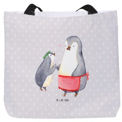 Produktbild von Mr. & Mrs. Panda Beutel Pinguin mit Kind - Grau Pastell - Geschenk, Mami, Laptoptasche, Strandtasche, Tote Bag, Muttertag, Einkaufstasche, Vorbild Mama, Bruder, Mutter