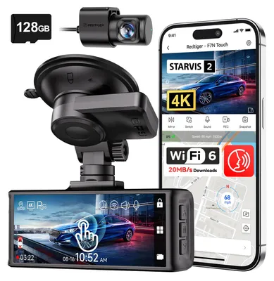 Zdjęcie produktu dla Wideorejestrator samochodowa - 4K przód 1080p tył - ekran dotykowy 3,18 cala - GPS - WiFi - 128 GB