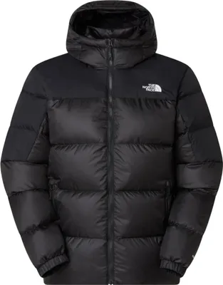 A black hooded winter jacket from The North Face is shown against a white background.