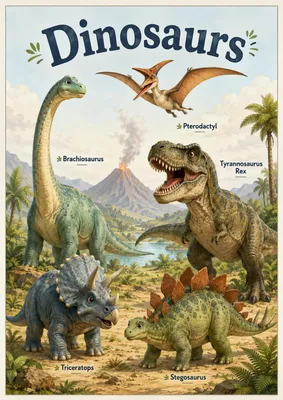 Produktbild von Dinosaurier Poster DIN A2 – Dino Lernposter mit T-Rex, Triceratops & Stegosaurus, matt