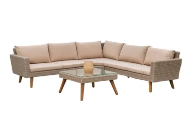 A sectional outdoor sofa set with a coffee table, displayed on a white background.