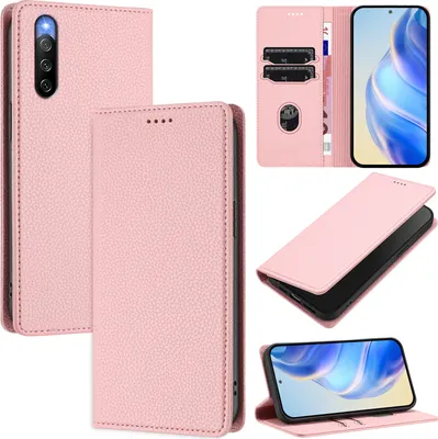 Image de Etui en cuir pour Sony Xperia 10 IV, cuir Litschi, étui portefeuille avec fentes pour cartes et support Rose