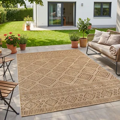 Immagine prodotto di Homebyhome Tappeto Outdoor Beige Effetto Juta 200x280 cm Balcone Terrazza Giardino Resistente UV Grande XL Rombi Tessuto piatto