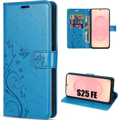 Image de Coque pour Samsung Galaxy S25 FE, Protection Rabat Cuir Synthétique Anti-Rayures Bleu Motif Floral Papillon