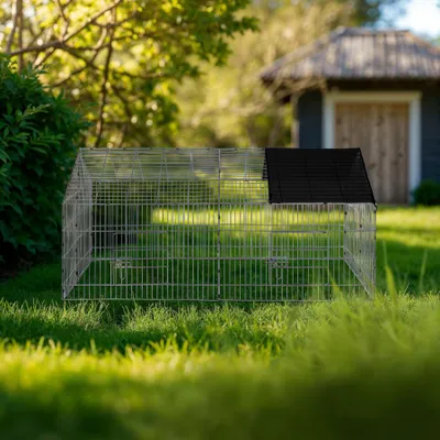A wire cage for small animals is set up on a grassy lawn in front of a small building.