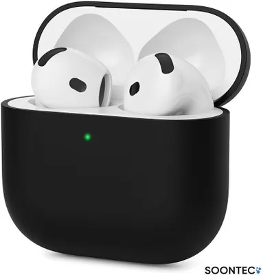 A black protective case for AirPods with the lid open, showing the white AirPods inside. A small green LED light is visible on the front of the case.