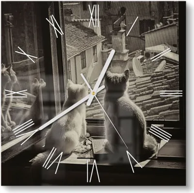 Produktbild von DEQORI Glasuhr 30x30 cm Römisch 'Katzen auf Fensterbrett' Wanduhr Glas Uhr Design leise
