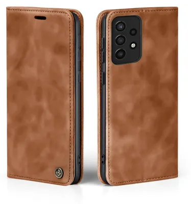 Two views of a brown leather flip phone case for a Samsung Galaxy A72.