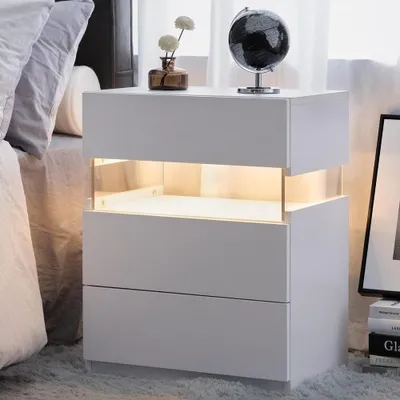 Produktbild von LED-Nachttische, Kommode mit 3 Schubladen für Schlafzimmer, Beistelltisch mit Acrylplatte, LED-Nachttische für Schlafzimmer, Wohnzimmer, Nachttischmöbel