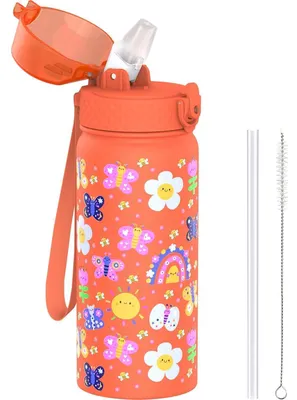 Productafbeelding van Kinderwaterfles met rietje, 550 ml, roestvrij staal, dubbelwandig, vacuüm geïsoleerd, lekvrij, BPA-vrij