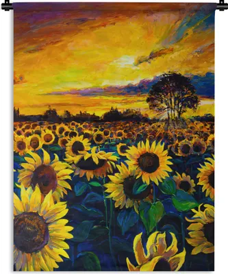 Produktbild von MuchoWow® Wandteppich Wandbehang Gemälde - Ölfarbe - Blumen - Sonnenblume 150x200 cm Tapisserie Dekoration Wandtuch - Wandaufhängung - Moderner