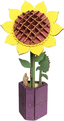 Productafbeelding van 3D houten puzzelvaas met zonnebloemen, 14x11x28 cm, creatieve decoratie voor volwassenen