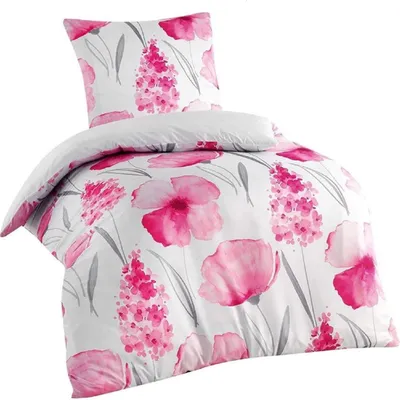 Produktbild von 2-tlg Mikrofaser Bettwäsche Set Bettgarnitur Bettbezug 135x200 + 80x80 cm Weiß Rosa Floral Blume